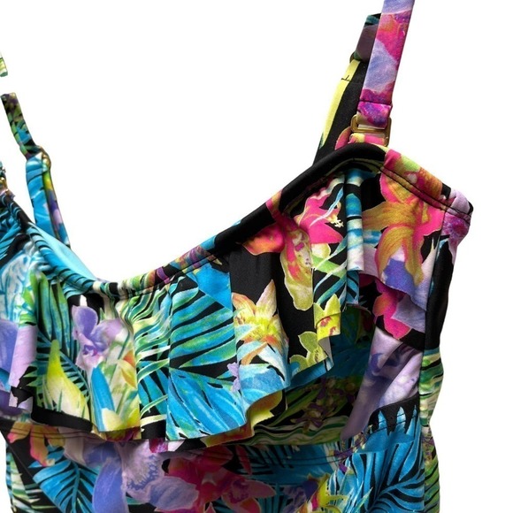 Island Escape Black Multi Color Tahiti Floral Bandini Tankini Top Size 8 - Picture 3 of 12
